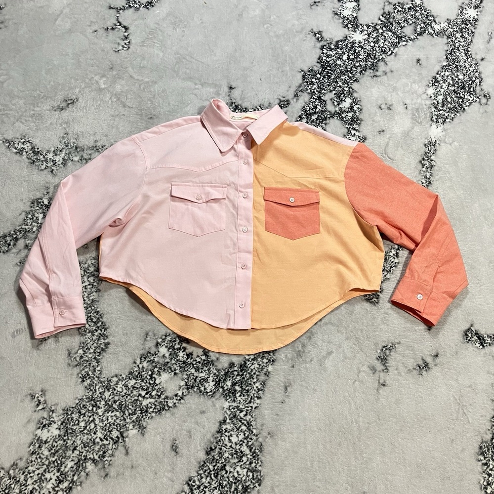 Colorblock‎ Cropped Button Up Pink Peach Coral Womens La Ven Size Small